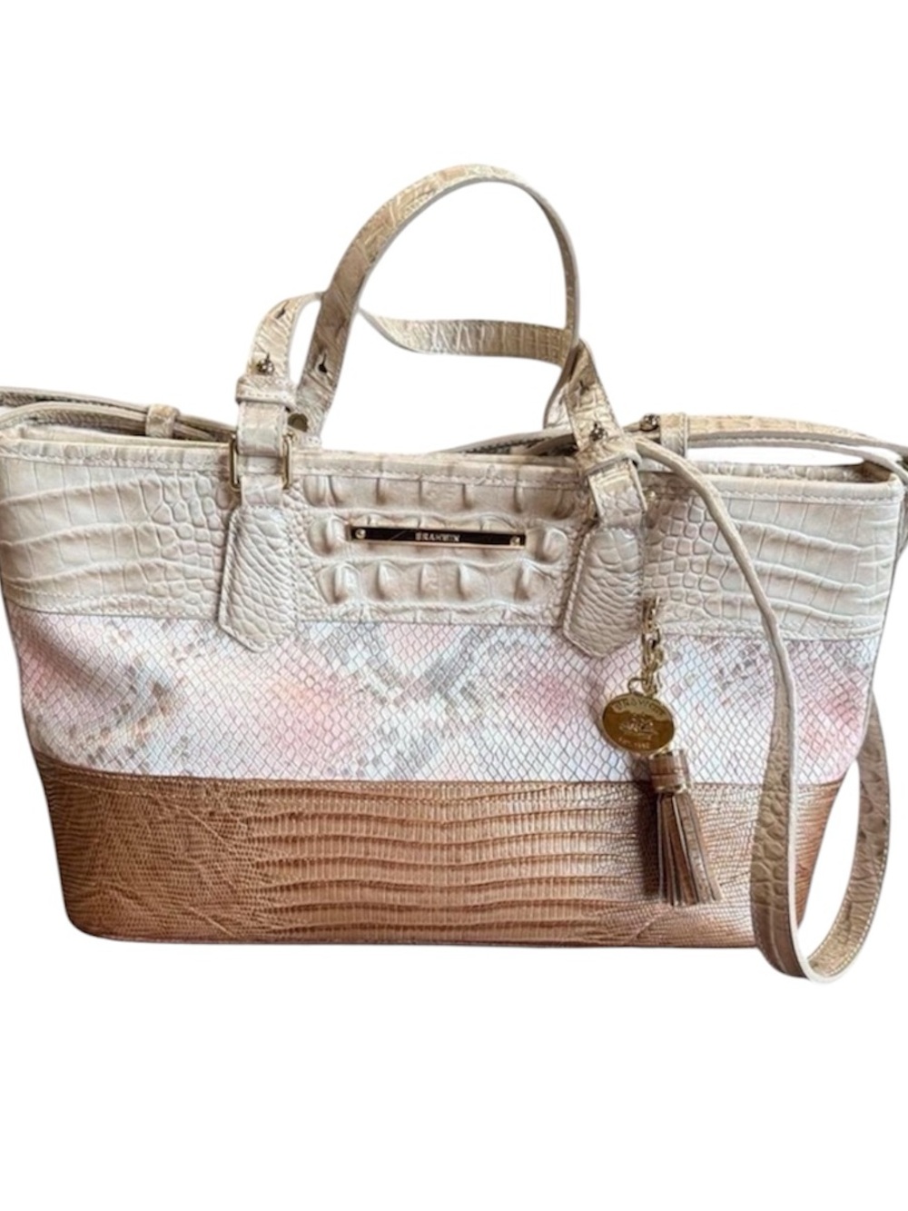 Brahmin Leather Textured Tote Bag in Cream and Tan Like new